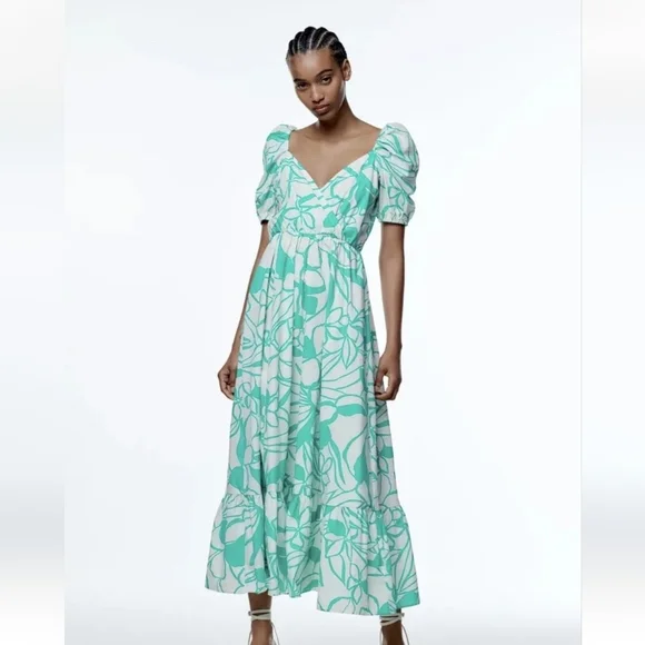 Zara 100% cotton floral print poplin sleeves midi dress - Picture 3 of 5